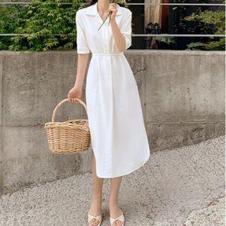 Short Sleeve Plain Tie-waist Midi Shirtdress