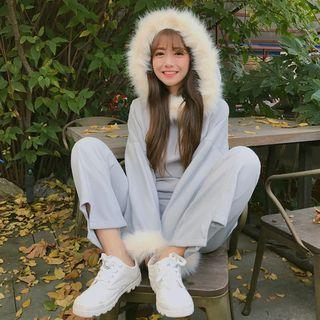 Set: Faux Fur Trim Hoodie + Wide-leg Pants