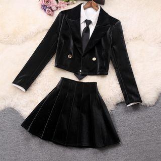Set: Cropped Blazer + Shirt + Pleated Skirt