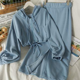 Set: Tie-hem Hooded Jacket + Slited Midi Skirt In 5 Colors