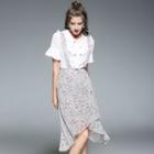 Set: Frill Trim Short Sleeve Blouse + Floral Print Chiffon Suspender Skirt