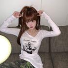 V-neck Long-sleeve Cartoon Print Vintage T-shirt White - One Size