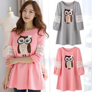 3/4-sleeve Lace-panel Owl-print Tunic