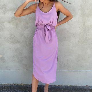 Spaghetti-strap Drawstring-waist Midi A-line Dress