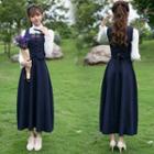 Set: Bow Neck Shirt + Vest + Midi A-line Skirt