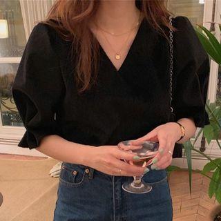 Elbow-sleeve V-neck Blouse Black - One Size