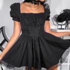 Short-sleeve Square Neck Lace Trim Mini A-line Dress