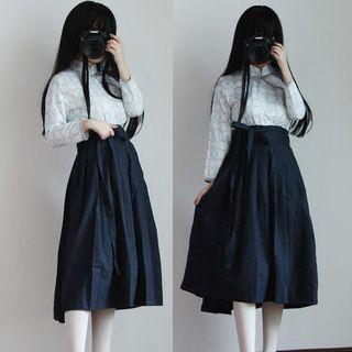 Set: Long-sleeve Stand Collar Top + A-line Midi Skirt