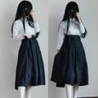 Set: Long-sleeve Stand Collar Top + A-line Midi Skirt