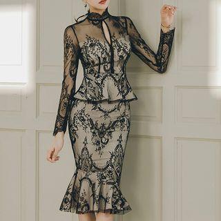 Lace Panel Ruffle Hem Long-sleeve Peplum Dress