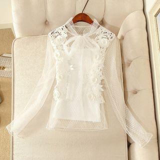 Set: Flower Applique Tie-neck Long-sleeve Top + Camisole Top