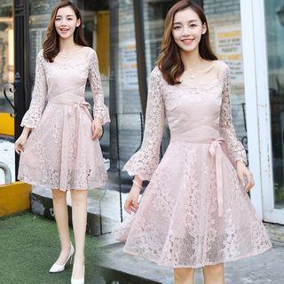 Gathered-waist Bell-sleeve A-line Lace Sheath Dress