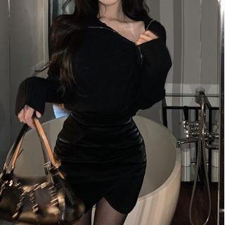 Asymmetrical Cable Knit Sweater / Mini Pencil Skirt