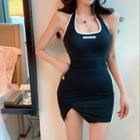 Halter-neck Mini Bodycon Dress Black - One Size