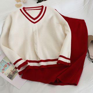 Set: V-neck Striped Sweater + Knitted Straight-fit Skirt
