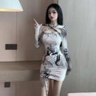Asymmetrical Long-sleeve Printed Drawstring Sheath Dress