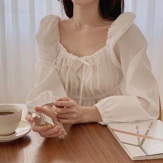Puff Sleeve Square Neck Chiffon Blouse White - One Size