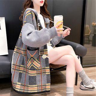 Hood Plaid Toggle Knit Jacket