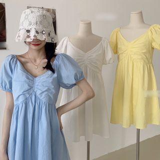 Puff-sleeve V-neck A-line Mini Dress