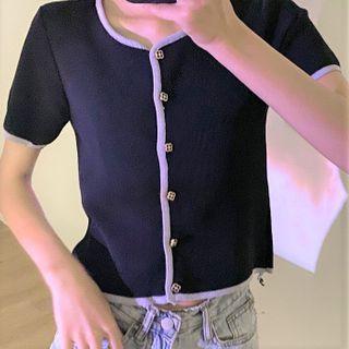Two Tone Button-up Knit Short Sleeve T-shirt