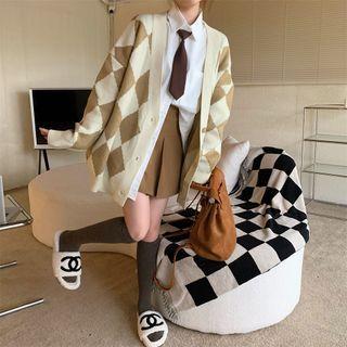 V-neck Argyle Cardigan / Long-sleeve Plain Loose Fit Shirt With Tie / High-waist Plain Dress