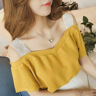 Short-sleeve Lace Strap Cold-shoulder T-shirt