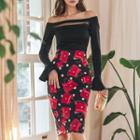 Set: Off-shoulder Bell-sleeve Top + Bag Print Pencil Skirt