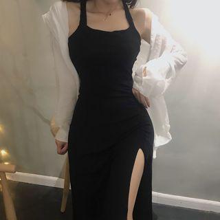 Set: Plain Side Slit Slipdress / Long-sleeve Sheer Shirt