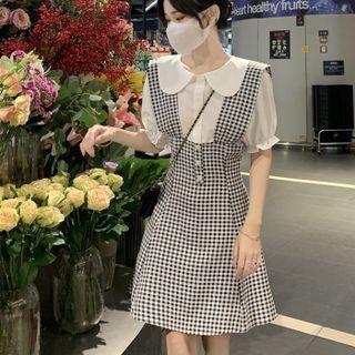 Set: Puff-sleeve Shirt + Gingham Mini Overall Dress