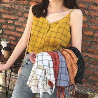 Spaghetti Strap Checked Buttoned Top