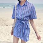 Wrap-front Stripe Mini Shirtdress With Sash