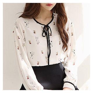 Tie-neck Cat Pattern Top