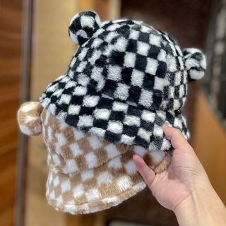 Bear Ear Checker Chenille Bucket Hat