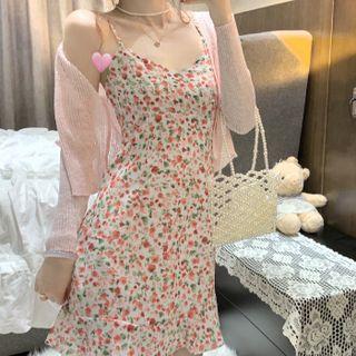 Spaghetti-strap Floral Print Mini A-line Dress / Light Cardigan