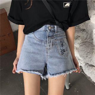 Cartoon Embroidered Washed Denim Shorts