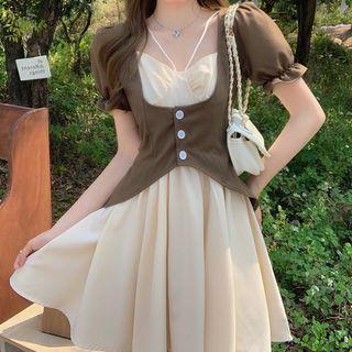 Puff-seleve Mock Two-piece Midi A-line Dress