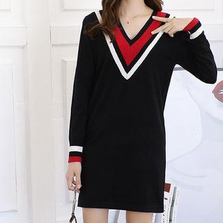 Contrast Trim Knit Long-sleeve Mini Shift Dress
