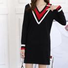 Contrast Trim Knit Long-sleeve Mini Shift Dress