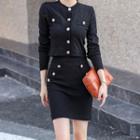 Set: Long-sleeve Buttoned Blouse + Fitted Mini Skirt Black - One Size