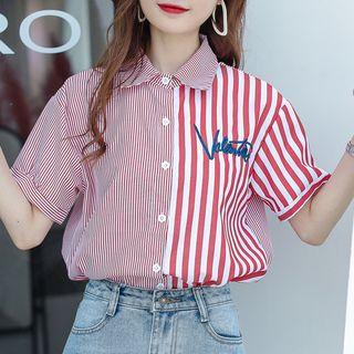 Striped Short-sleeve Asymmetrical Shirt