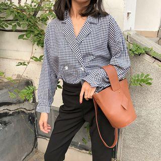 Double-breasted Plaid Blouse