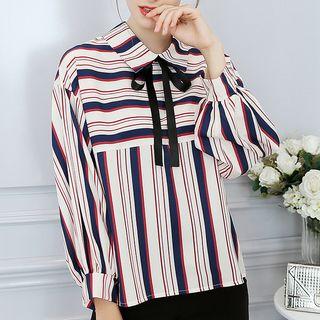 Bow Accent Striped Chiffon Blouse