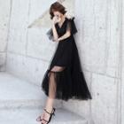 Sequined Cold Shoulder Mesh Midi A-line Dress
