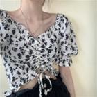 Balloon-sleeve Floral Print Drawstring Blouse As Shown In Figure - One Size