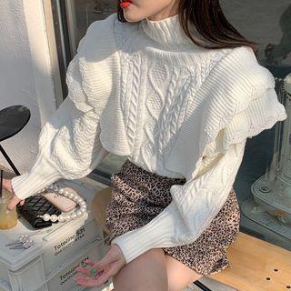 Turtleneck Ruffle Trim Cable Knit Sweater White - One Size