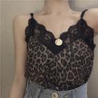 Lace Panel Leopard Print Cami Top As Shown In Figure - One Size