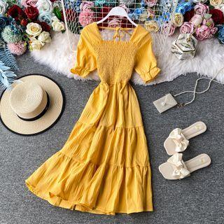 Square-neck Bow-back Short-sleeve Midi Dress