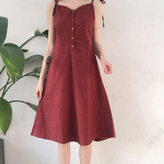 Spaghetti-strap V-neck Plaid A-line Dress