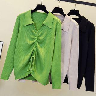 Open-collar Drawstring Sweater