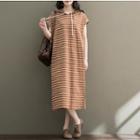 Striped Hooded Short-sleeve Midi T-shirt Dress